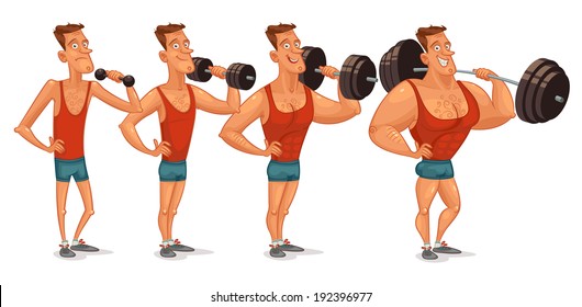 Muscle building from a weakling to a steep pitching. Gradual development. Funny cartoon character. Vector illustration. Isolated on white background. Set