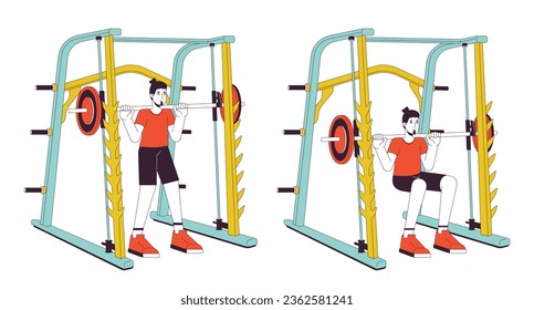 Muscle building with weight power rack flat line vector spot illustration. Sportsman 2D cartoon outline character on white for web UI design. Gaining muscle mass editable isolated color hero image