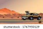 muscle car with big engine on the desert road