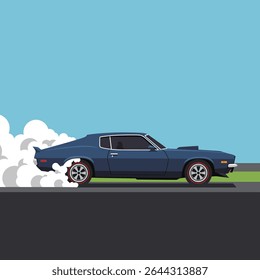 Muscle Car Burnout on Asphalt Road