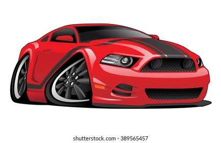 Muscle Car Cartoon. Red With Black Stripes, Aggressive Stance, Low Profile, Big Tires And Rims.