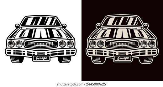 Muscle car front view set of objects in two styles vector illustration