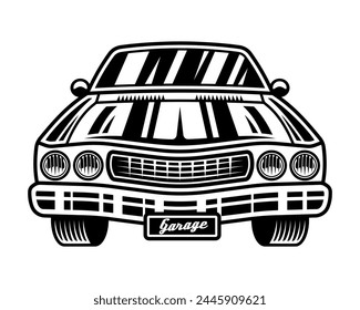 Muscle car front view vector monochrome illustration isolated on white background