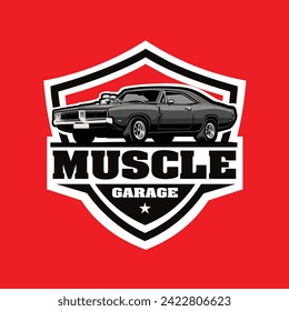 Muscle car garage ready made emblem logo vector isolated in red background. Best for automotive related industry