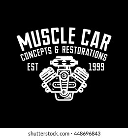 Muscle car garage retro style logo. Concepts & restorations. Engine sign.