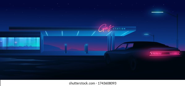 Muscle Car At A Gas Station At Night. Night Landscape With Silhouettes Of Mountains And Sky With Stars.