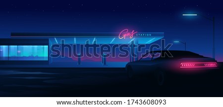 Muscle car at a gas station at night. Night landscape with silhouettes of mountains and sky with stars.