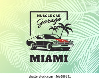 Muscle car logo on palm leaf background.
