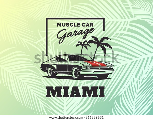 Muscle car logo on palm\
leaf background.