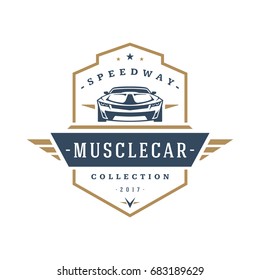 Muscle car logo template vector design element vintage style for label or badge retro illustration. Classic car silhouette.