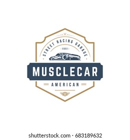 Muscle car logo template vector design element vintage style for label or badge retro illustration. Classic car silhouette.