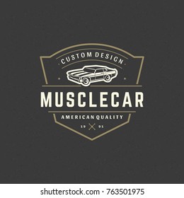 Muscle car logo template vector design element vintage style for label or badge retro illustration. Classic car silhouette.