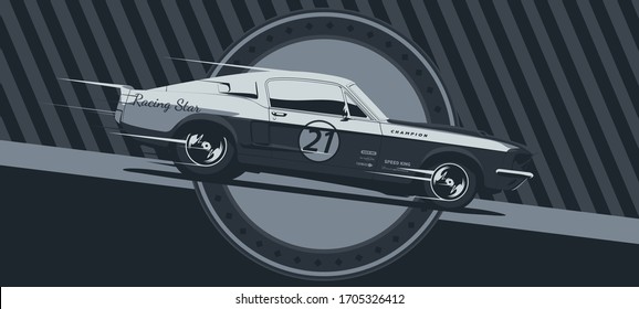 Muscle car on racing, vintage colors, vector illustration.