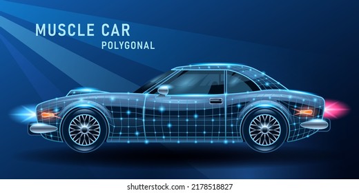 Muscle Car Realistic 3d Polygonal Side View On Dark Blue Background Vector