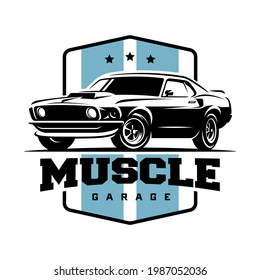 Logo del retro de coche muscular, pancarta, emblema. Impresión de camisetas de época	
