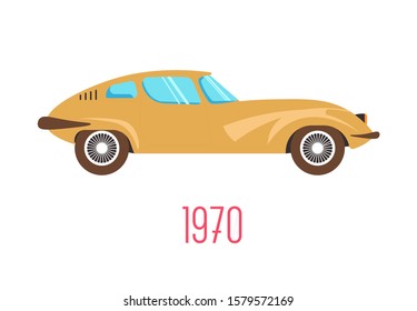Muscle car, retro sport vehicle of 70s, 1970s transport isolated vintage model icon vector. Transportation and automobile industry, motorcar historical development. Classic auto, mechanic transmission