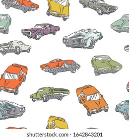 Muscle car seamless pattern. Jumping rally car, oldschool cars print. Vector illustration.