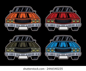 Muscle car set of vector objects in different colors on dark background