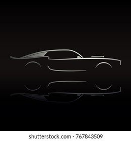 Muscle car silhouette on black background with reflection. Vector illustration.