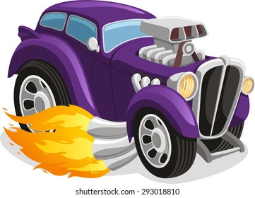 Muscle car smoking flame, vector illustration cartoon. 