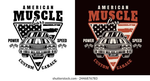 Muscle car vector emblem, label, badge or print in two styles colored and black on white background