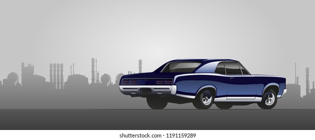 Muscle car in vector with factory background.