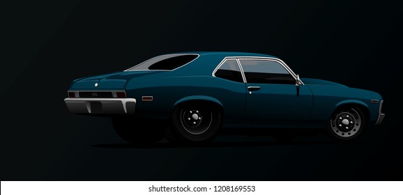 Muscle car in vector on black background.