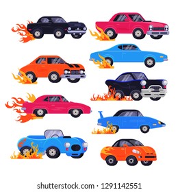 Muscle car vector racing speedcar on a track and retro race auto driving on rally sport event formula automobile illustration set of fast speed vehicle with fire isolated on white background