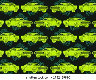Muscle car vector set collage with Green colors and green engine pattern at background