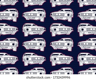 Muscle car vector set collage with white car and blue metal geometric pattern at background