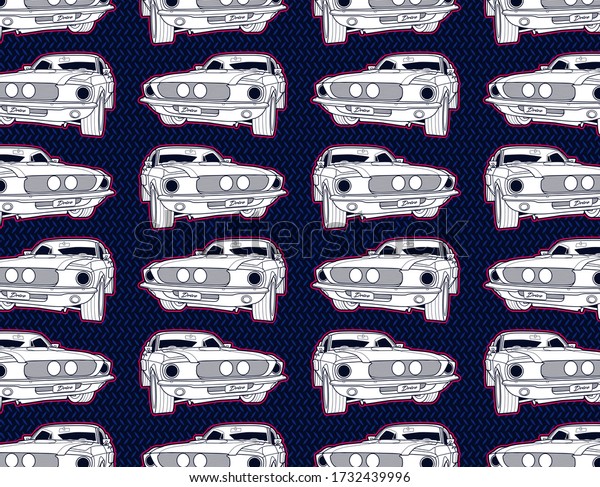 Muscle car vector set collage with\
white car and blue metal geometric pattern at\
background