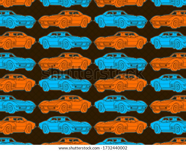Muscle car vector set collage with\
orange and brown colors and geometric pattern at\
background