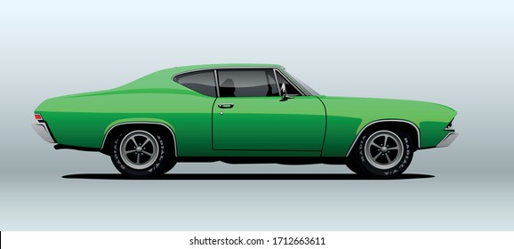 Muscle car, view from side with perspective, vector illustration.
