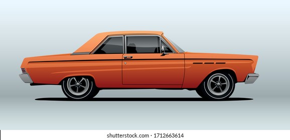 Muscle car, view from side with perspective, vector illustration.
