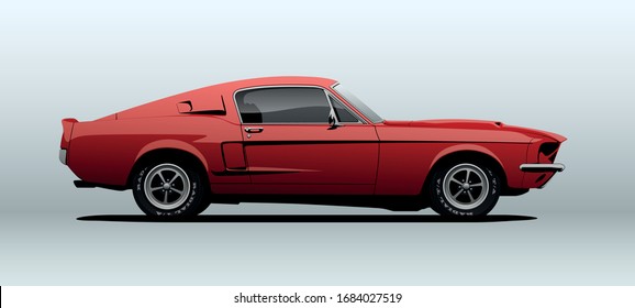 Muscle car, view from side, in vector.