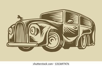Muscle car or vintage transport. Classic Retro old school auto service. Poster or Banner. Engraved hand drawn sketch for logo and labels. Business class motor vehicle.