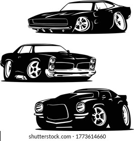 Muscle Cars Cartoons Silhouette Set Isolated Vector Illustration