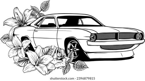 Muscle cars line art. Automotive vector illustration. Vintage sports car design for label, badge, advertisement or sign. Isolated on light and dark background.