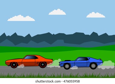 muscle cars on racing. ford mustang and dodge challenger