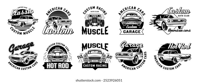 Muscle cars. Veículos em estilo retro personalizando carros ilustração para design emblema imagens recentes vetor hot rod