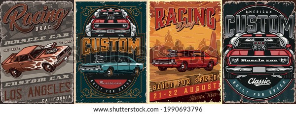 Muscle cars vintage colorful posters with inscriptions and powerful american cars vector illustration