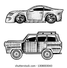 Muscle cars and vintage transports for logo and labels. Set of retro old school auto service. Collection of classic roadster. Engraved hand drawn sketch. Business class and sports motor vehicle.