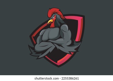 MUSCLE CHICKEN MASCOT LOGO VECTOR ILLUSTRATION