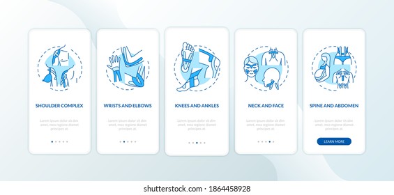 Muscle complex blue onboarding mobile app page screen with concepts. Body health. Kinesiology tape walkthrough 5 steps graphic instructions. UI vector template with RGB color illustrations