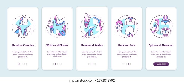 Muscle complex onboarding mobile app page screen with concepts. Body health. Kinesiology tape walkthrough 5 steps graphic instructions. UI vector template with RGB color illustrations