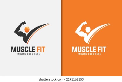 Muscle Fit Logo Design. Abstract Muscular People Pose and Tick Symbol Combination with Minimalist Concept.