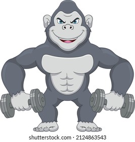 muscle gorilla with dumbbells cartoon