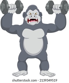 muscle gorilla with dumbbells cartoon