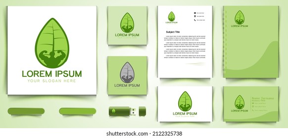 muscle, green leaf, healthy food athlete logo Designs Inspiration Isolated on White Background