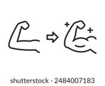 Muscle growth, linear style. Arm with small muscles becoming muscular. muscle building. Editable stroke width